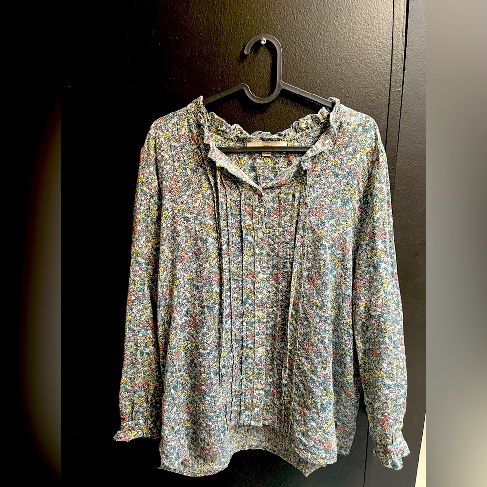 LOFT Floral Ruffled Blouse with Tie Front